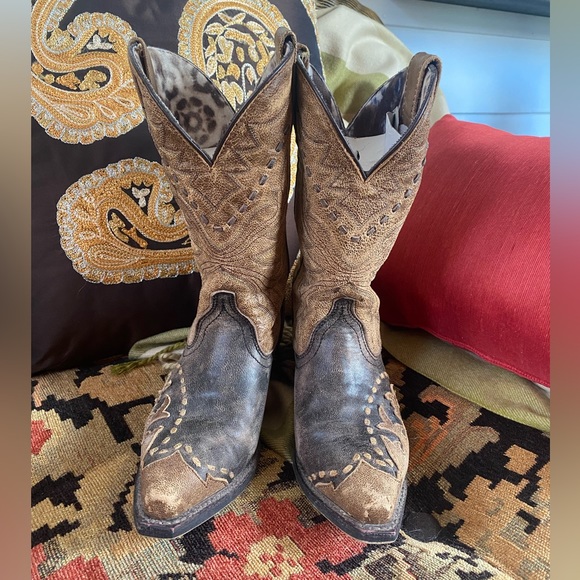 Laredo Women's Western Cowboy Boots Cullison Bucklace Black/tan crackle-leopard - Picture 2 of 16